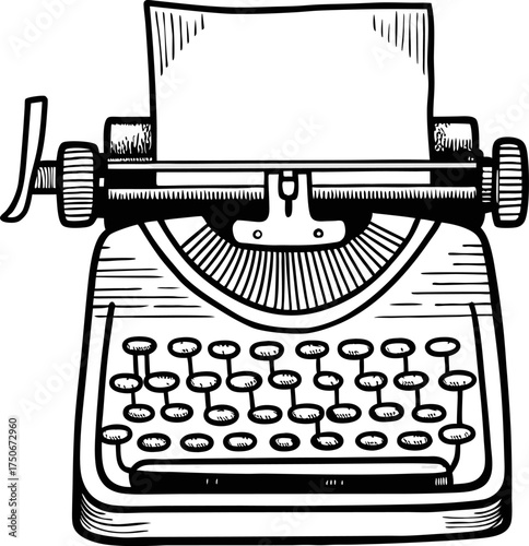 Vintage typewriter illustration retro writing machine with blank paper, hand drawn sketch style, collectible office equipment