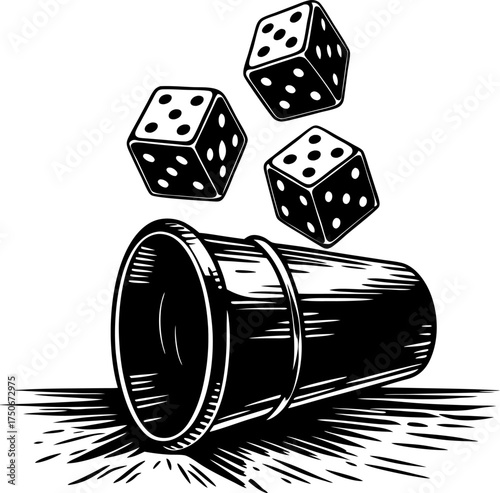 Classic dice game illustration three tumbling dice falling from a cup, black and white hand drawn engraving