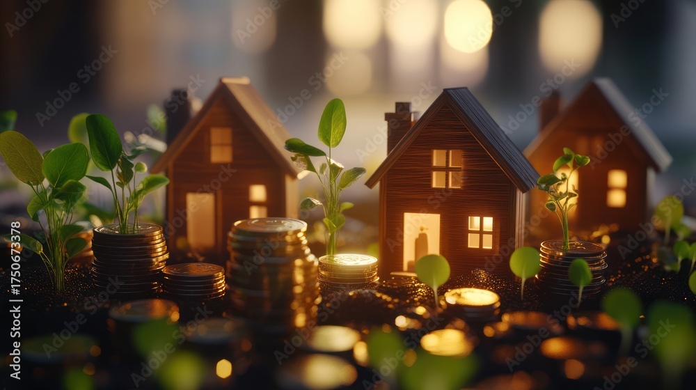 custom made wallpaper toronto digitalMiniature houses on coins, growing plants, sunset background. Stock photo for real estate, investment, or financial growth