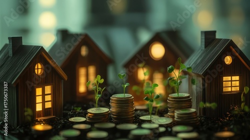 Miniature houses on coins, growing plants, financial growth, investment, real estate