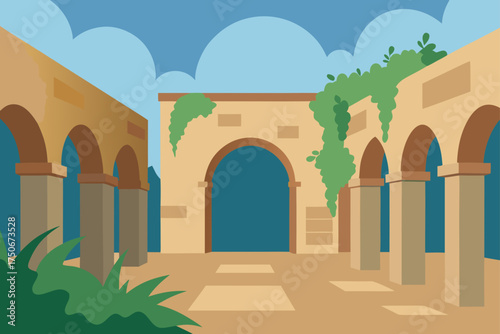 Illustration of a courtyard with arches and plants
