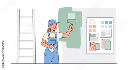 Illustrative female painter renovating wall with roller, design inspiration behind