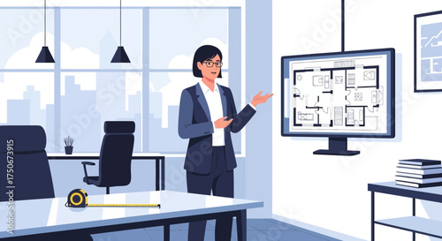 Professional architect presenting construction plan on a screen in modern office