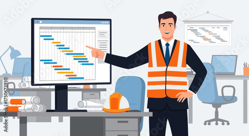 Engineer presents project schedule using Gantt chart on computer screen in office