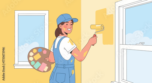 Cheerful woman painting a room with yellow paint, expressing joy and creativity