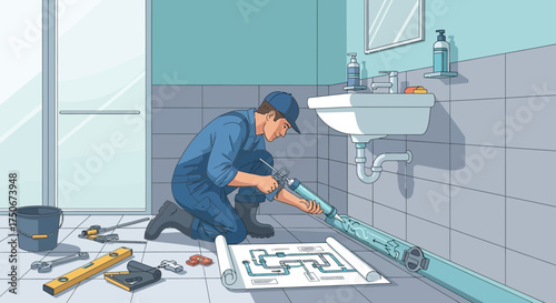 Professional plumber using sealant to connect pipes under bathroom sink