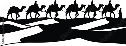 Vector silhouette camel caravan travels desert sand dunes illustration