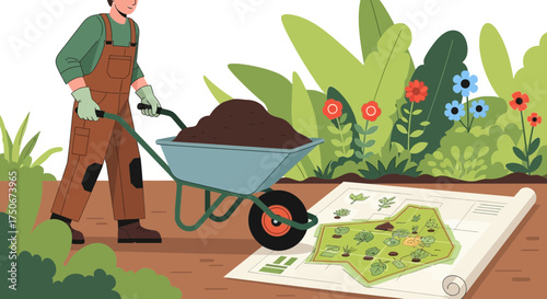 Gardener preparing soil with wheelbarrow based on planting plan illustration