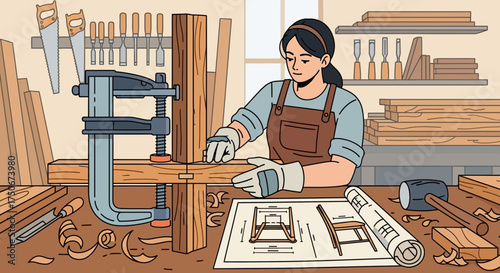 Artistic depiction of a woman woodworking, meticulously crafting furniture, embodying precision and skill