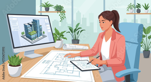 Female architect designing building blueprint on computer with a city view backdrop
