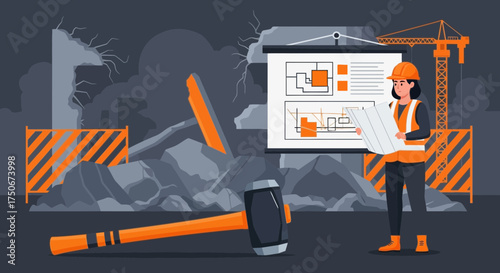 Female engineer reviewing blueprints amidst demolition and reconstruction planning