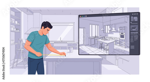 Young man planning kitchen renovation with software design, measuring dimensions