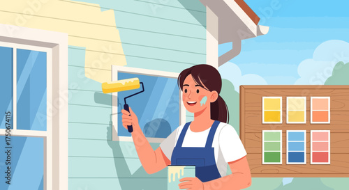 Illustrative depiction of a woman painting her home exterior with a roller
