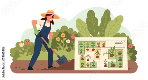 Illustration of a woman gardening with plan in a flourishing, well-designed garden