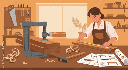 Concentrated artisan woodworking, crafting with precision in her sunlit workshop