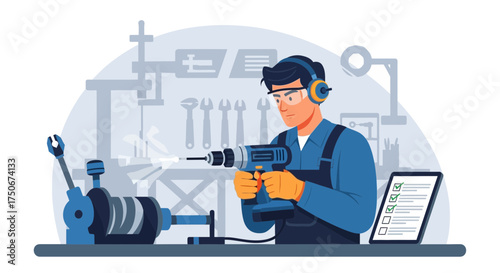 Craftsman diligently using a drill in a workshop setting, prioritizing safety