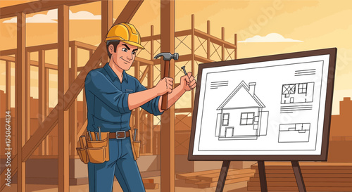 Construction Worker Examining Blueprint on Site, Representing Home Building and Development