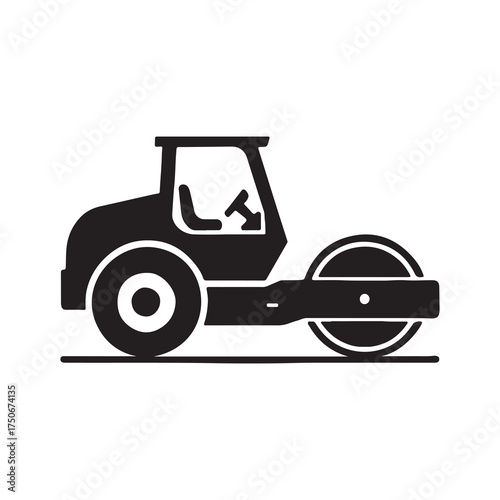 Road Roller Icon Vector, Construction Vehicle Silhouette, Asphalt Compactor Machine Symbol for Roadwork Illustration