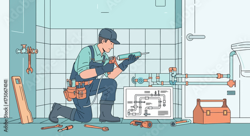 Plumber executing precision repairs in a tiled bathroom with modern design