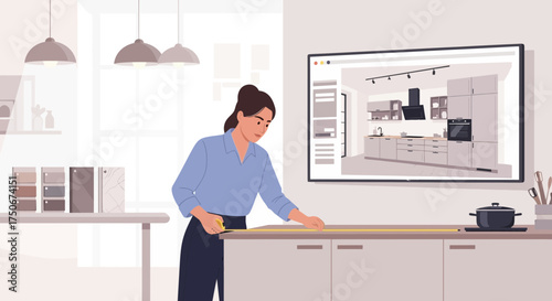 Woman planning a new kitchen design using online resources and measurement tools