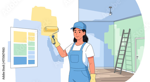 Dedicated woman painting a home interior with roller, renovation and redecoration process