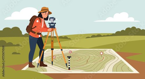 Female surveyor using a theodolite measuring topographic data in the field