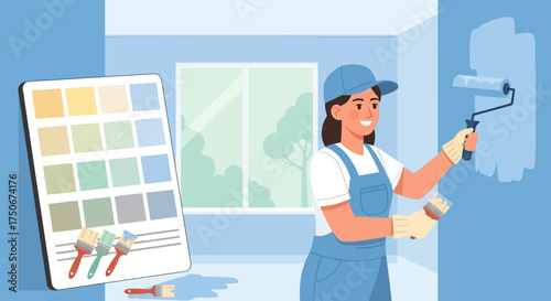 Cheerful home improvement project featuring a professional painter at work