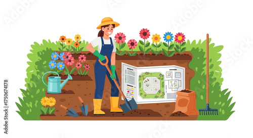 A smiling woman is working in her garden with tools and a colorful flowerbed