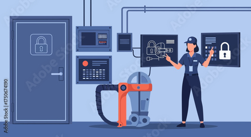 Conceptual illustration of a security guard explaining complex security system protocols