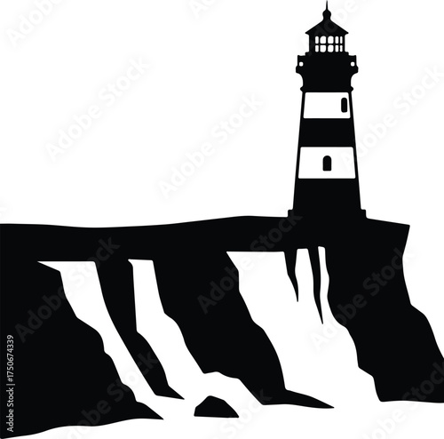 Vector silhouette lighthouse on cliffside ocean coastal landscape illustration