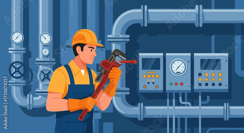 Illustrative depiction of a plumber inspecting pipes and gauges within an industrial setting