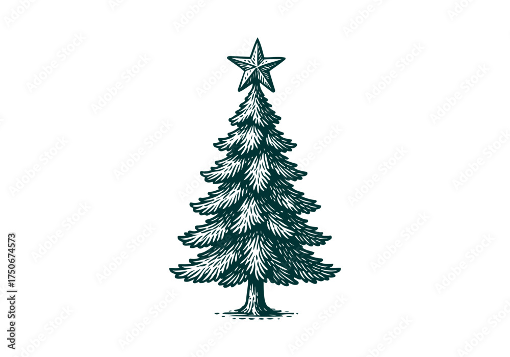 Obraz premium Christmas Tree hand drawn simple engraved vector illustration
