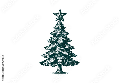 Christmas Tree hand drawn simple engraved vector illustration