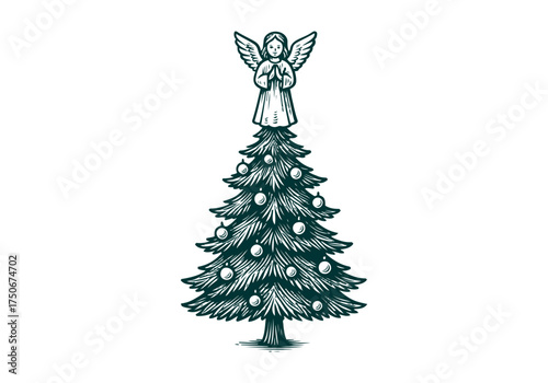 Christmas Tree hand drawn simple engraved vector illustration