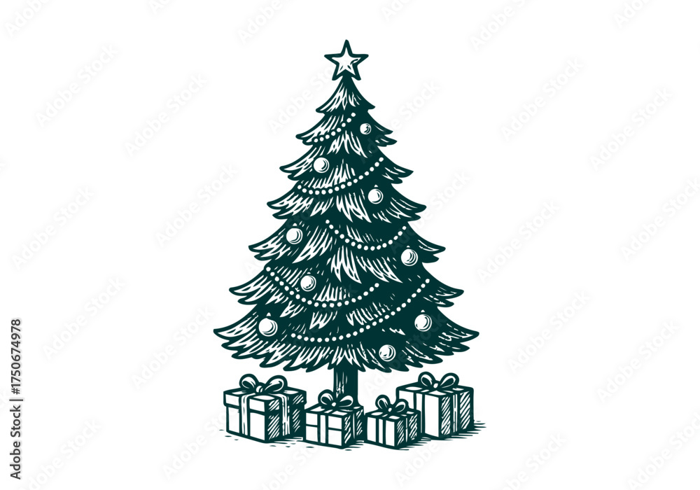 Fototapeta premium Christmas Tree hand drawn simple engraved vector illustration
