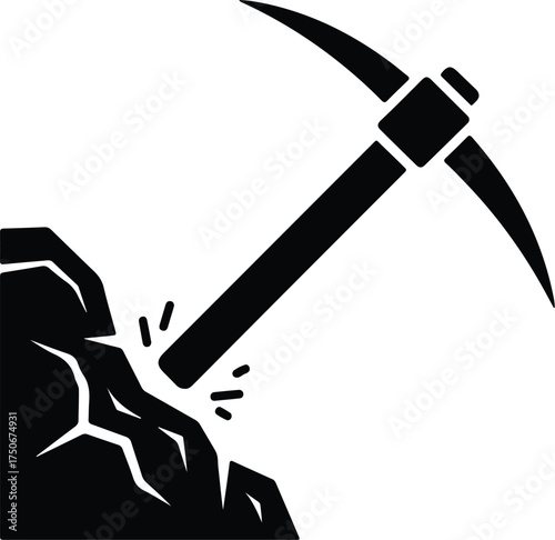 Vector silhouette pickaxe striking rock illustration