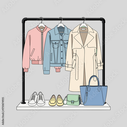 Women's Fashion Clothing Rack with Jackets, Shoes, and Bags. Stylish Apparel and Accessories Display.