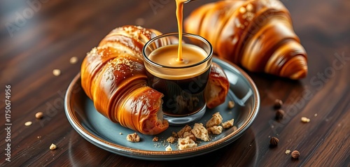 Espresso shot poured over warm croissant, crumbs scattered,  food,  cafe au lait
