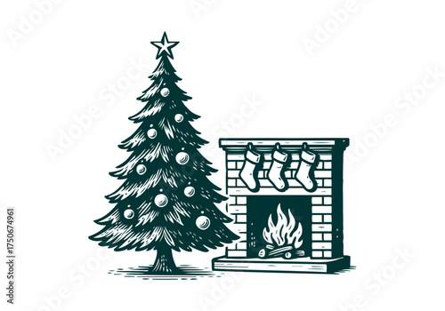 Christmas Tree hand drawn simple engraved vector illustration