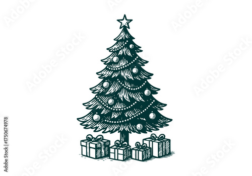 Christmas Tree hand drawn simple engraved vector illustration