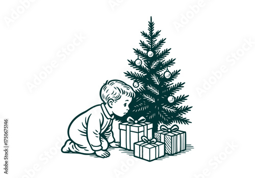 Christmas Tree hand drawn simple engraved vector illustration