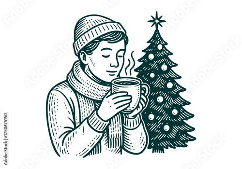 Christmas Tree hand drawn simple engraved vector illustration