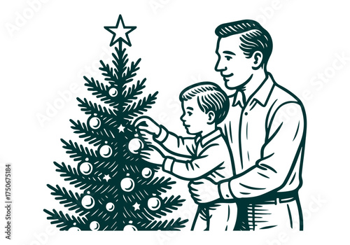 Christmas Tree hand drawn simple engraved vector illustration