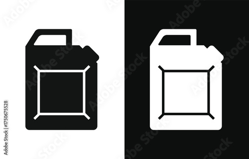 Simple silhouette icons of a classic jerry can fuel container in black and white contrast