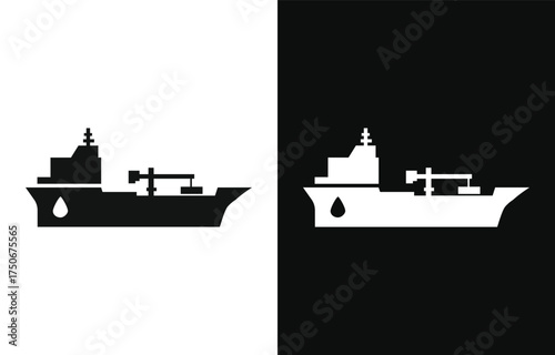 Modern cargo ship silhouette in contrasting black and white against a split background representing duality and balance