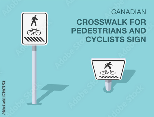 Traffic regulation rules. Isolated canadian "crosswalk for pedestrians and cyclists" road sign. Front and top view. Flat vector illustration template.