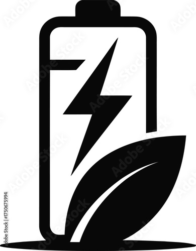 Battery icon with lightning bolt and leaf on white background Keywords: battery, icon, lightning