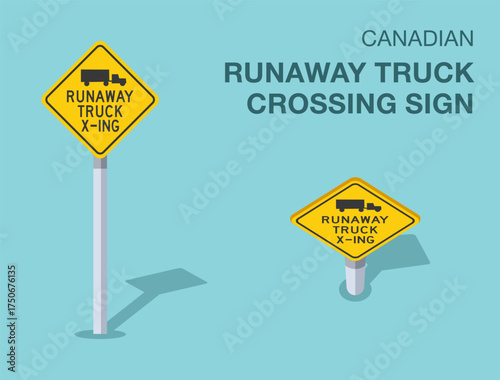 Traffic regulation rules. Isolated canadian "runaway truck crossing" road sign. Front and top view. Flat vector illustration template.