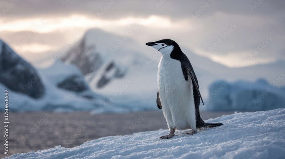 Obraz premium A chinstrap penguin is seen on a snow-covered surface gazing into the distance. The breathtaking Antarctic landscape features towering mountains and a tranquil sea at dusk.