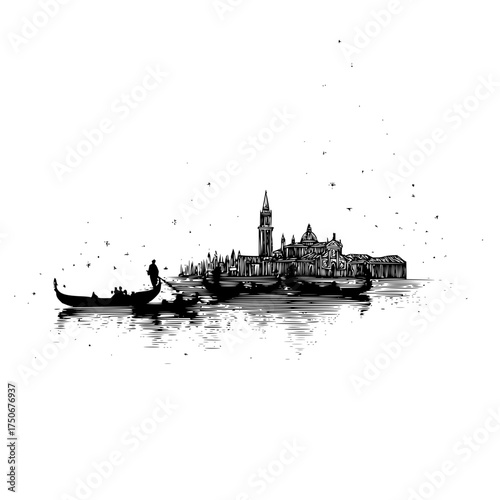 Venice italy gondola ride graphic art black and white cityscape travel destination illustration scenic view drawing